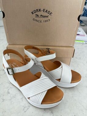 Kork-Ease White Leather Crossband Wedge Sandals